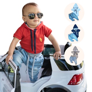 Kit Bebê 2 Peças Sendo 1 Body Suedine com Capuz e 1 Calça Jeans Roupa de Criança Enxoval Conjunto Maternidade