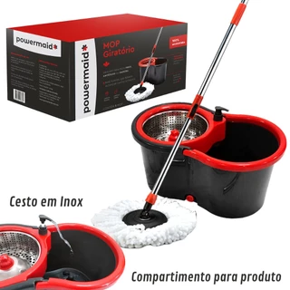 Mop Giratório Balde Cesto Inox Limpeza Esfregão 360 Original Powermaid