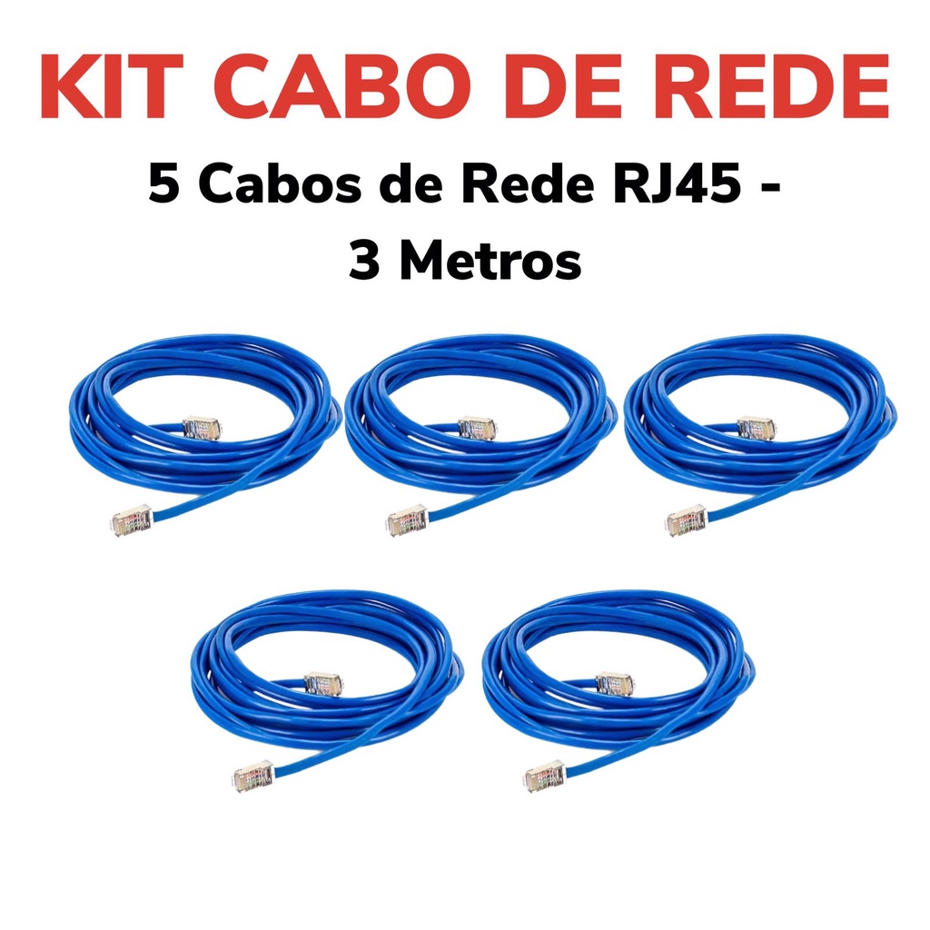 Kit com 5 Cabos de Rede Patch Cord Cat RJ45 3 Metros