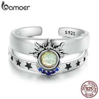 Bamoer 925 Anéis De Casal De Prata Sterling Sol Estrelas Da Lua Jóias Estilo Para Presentes