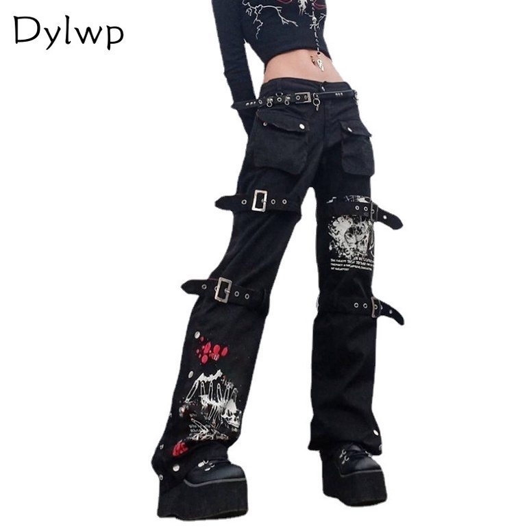 Calça De Ganga Goth Punk High Waist Jeans Harajuku Street Metal Buckle Hip Hop Impressão Solta