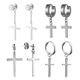 4 Pares/Conjuntos Brincos Cruzados Múltiplos De Aço Inoxidável Com Argolas De Aro Em Ângulo Punk Góticos Jóias De Rocha Homens E Mulheres