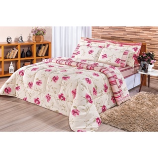 Kit Edredom Requinte Queen 3 Pcs Dupla Face Percal 180 Fios Floral Estampado