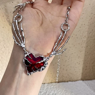 Gótico Vermelho Pêssego Pingente Coração Colares Fita Fantasma Garra Amor Gargantilha Curta Punk Cadeia De Clavícula Exagerada Para Jóias Femininas