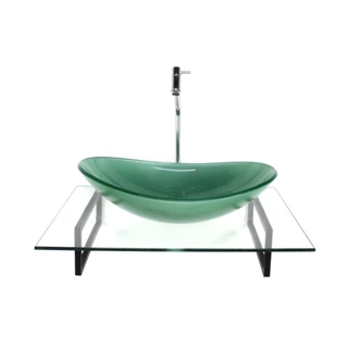 KIT CUBA DE VIDRO OVAL VERDE COM TAMPO 60CM INCOLOR E SUPORTE TORNEIRA VALVULA