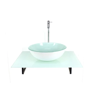 KIT CUBA DE VIDRO REDONDA COM TAMPO 60CM BRANCO FULL E SUPORTE PRETO