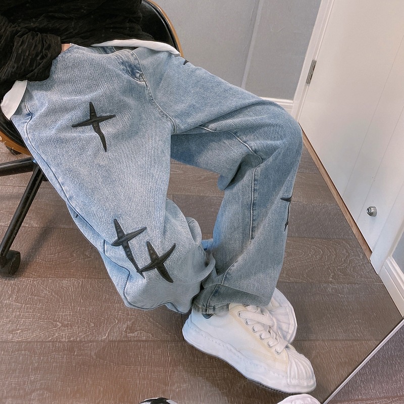 Nova tendência jeans com estampa retrô, calças Y2K soltas calças da moda  coreana calças femininas de alto streetwear Ins calças de perna larga homem  5EY7