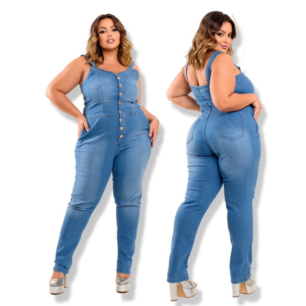 Macacão Longo Jeans Feminino com lycra Alça Larga Plus Size