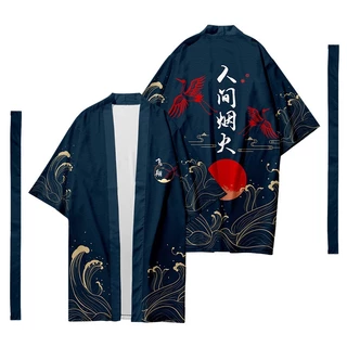 Kimono Japonês Masculino De Longo Cardigan Traje De Samurai Fogo De Artifício Padrão Camisa Yukata Capa Externa