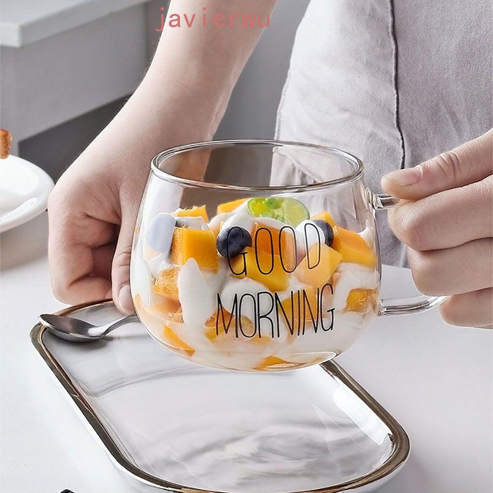 AJAVIERWU Good Morning Cup Café Da Manhã Reutilizável Em Vidro Para Suco De Leite Xícara De Chá Com Alça Bebidas Quentes Caneca De