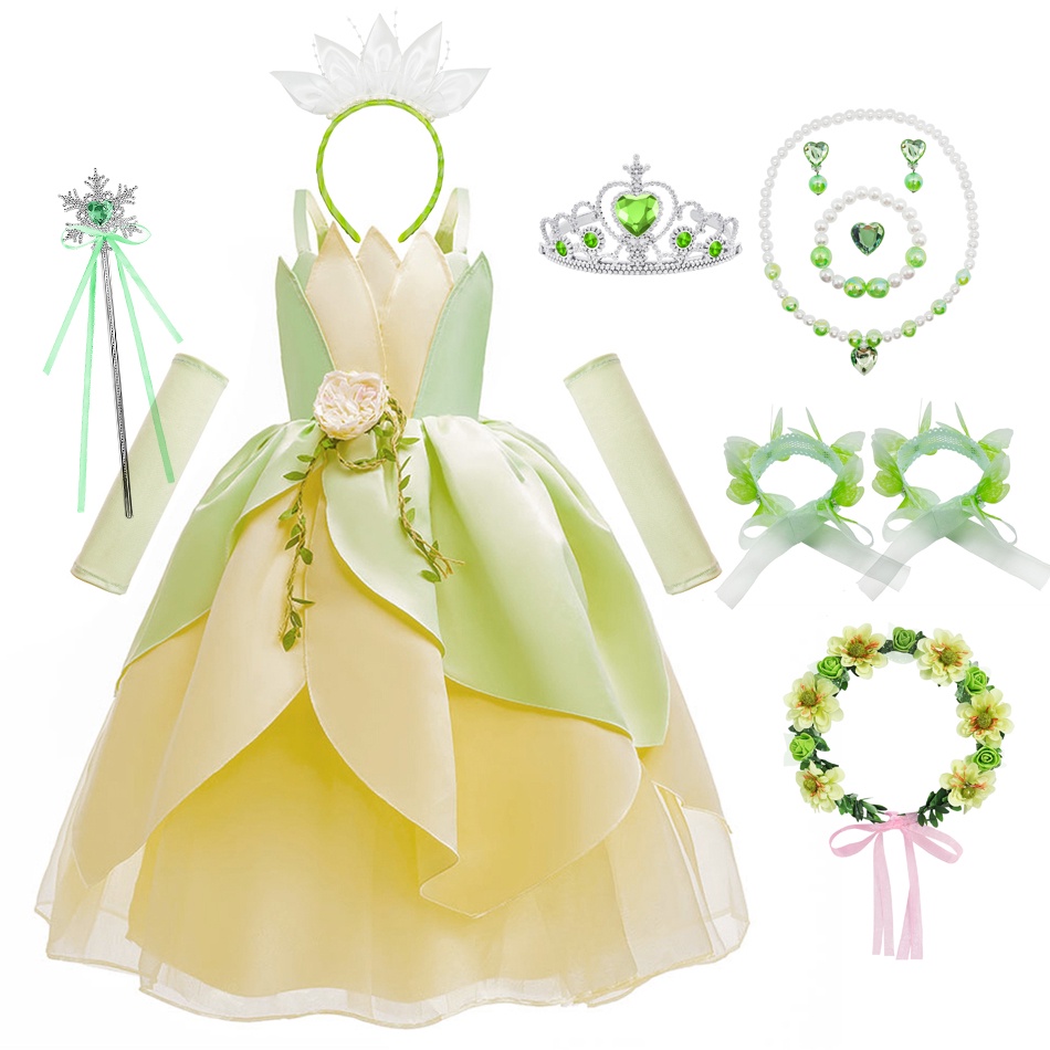 DYAA Princesa Tiana Vestido Meninas Rã Cosplay Festa De Halloween Elfos  Fantasia Infantil Oferta Verde De Bola De Ombro