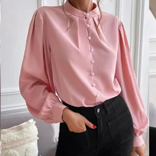 Blusa Feminina Elegante Social Manga Longa Camisas Brancas Escritório Básico Cor-De-Rosa Sólida Camisa Evangelical