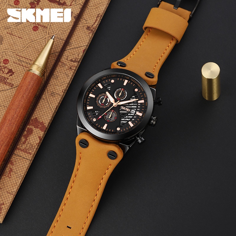 Skmei relógio de quartzo de luxo masculino pulseira de couro multi-função à prova dmulti água relógio de quartzo multi-mão relógio masculino de luxo