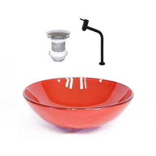 CUBA DE VIDRO REDONDA 31CM VERMELHO FERRARI + VALVULA + TORNEIRA PRETA