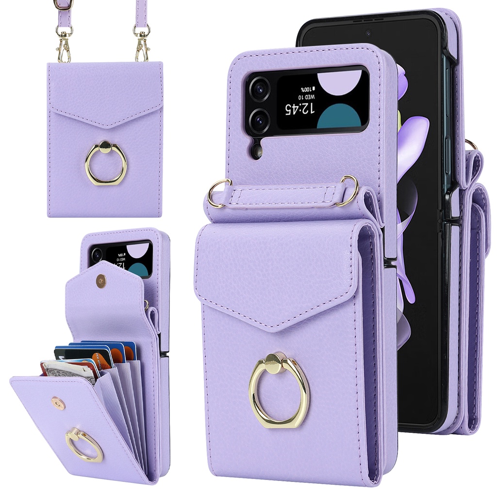 Capas De Couro De Luxo Para Samsung Galaxy Z Flip 3 5 Flip4 Com Porta-Cartões Anéis