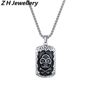 [Z H Jóias] Pingente De Hip Hop Vintage Square Skull Pendant Moda Masculina E Feminina Colar De Aço Inoxidável Punk Party Rock Titanium Steel Jewelry Acessórios