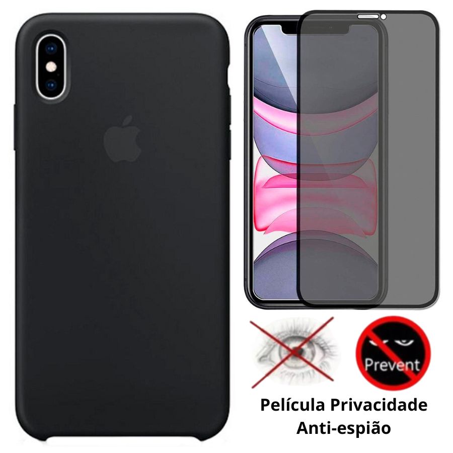 Kit 2em1 Capa Capinha + Pelicula Privacidade Para iPhone X / XS - Case Silicone Aveludada + Pelicula Privacidade 3D 5D