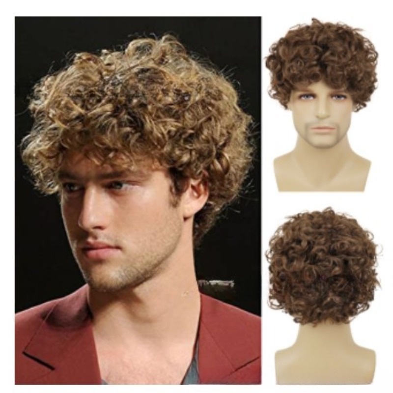 Resistente ao calor Perucas Masculinas Bonito Masculino Texturizado Perm  Cabelo Curto Peruca Fofo Em Camadas Franja Lateral Cabelo Liso Perucas  Completas Para Traje Diário Sintético