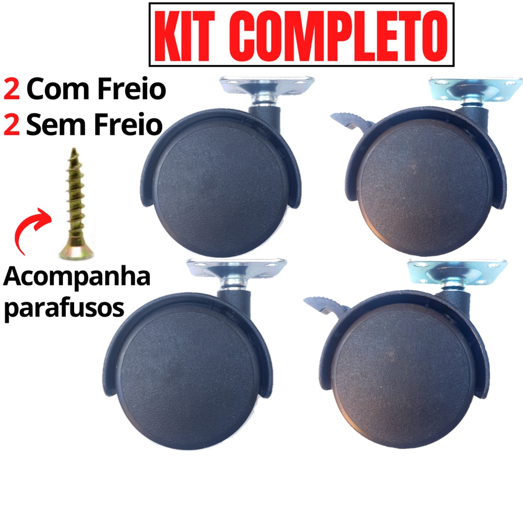 Rodinha Com e Sem Freio Kit 4 Rodízio Giratório Com e Sem Trava Roda para Móveis com Parafusos para Instalação