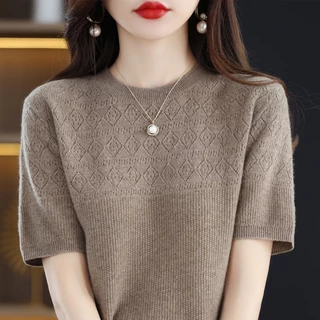 Camiseta De Manga Curta Moda Feminina De Pescoço Redondo Tricotada Fina Top Solto