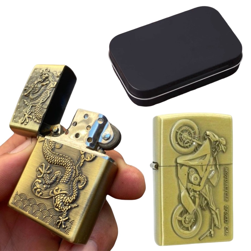 Isqueiro Metal Vintage Luxo Recarregável Tipo Zippo + Caixa Lata Para Presente