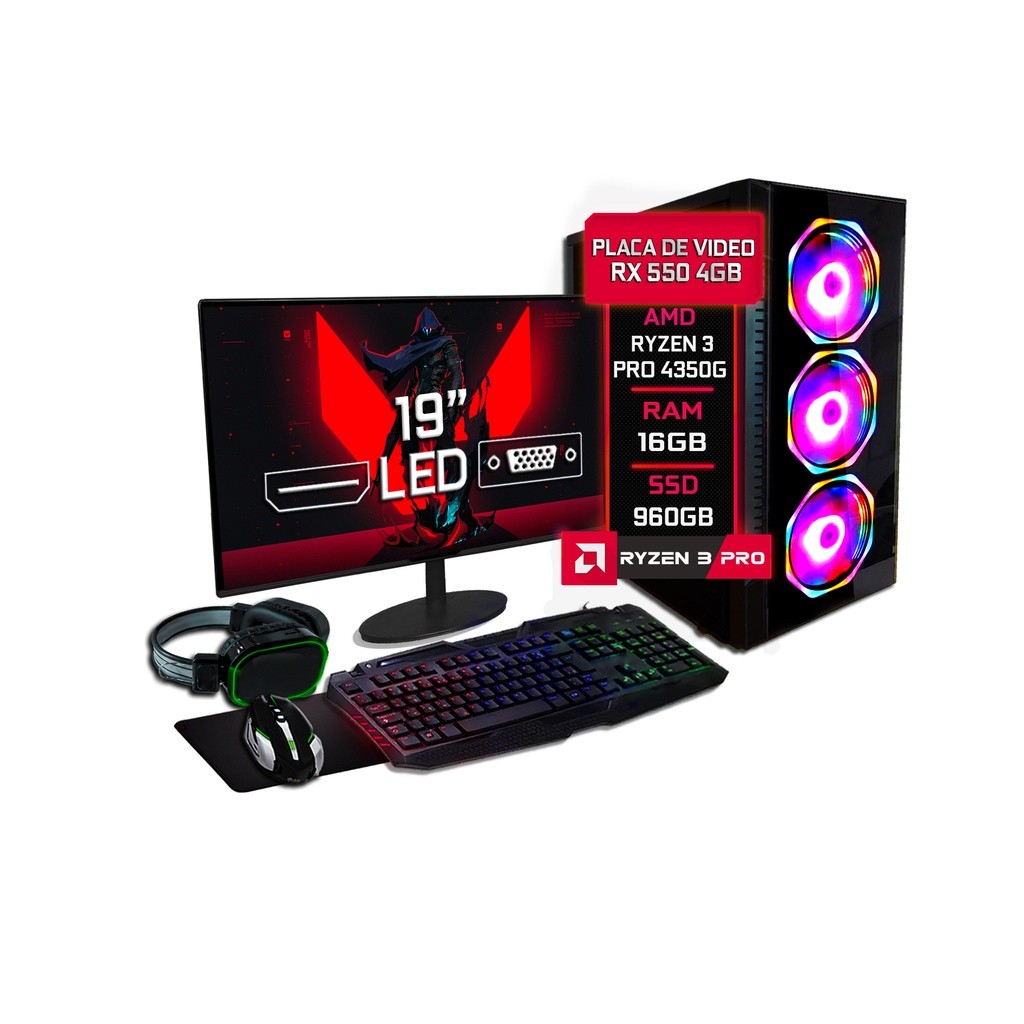 PC Gamer Completo Fácil AMD Ryzen 3 PRO 4350G 3.8GHZ 16GB DDR4 RX 550 4GB SSD 960GB 500w Monitor 19
