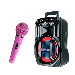 Microfone S/ Fio Rosa Profissional MC-200 P10 Leson + Caixa Som Portátil BT 180W RMS ACA 188 Amvox