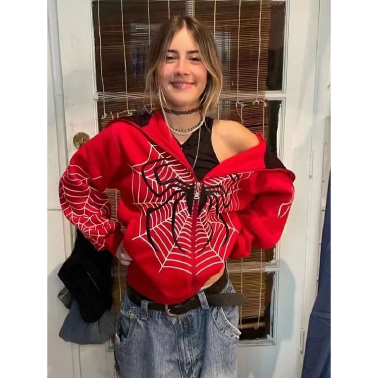 Teia De Aranha Camiseta Com Capuz Vermelho Zíper Quente Harajuku