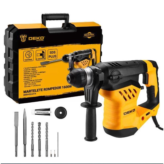 Martelete Perfurador Rompedor 2 em 1 SDS Plus 1600W 6J Profissional 110V Deko