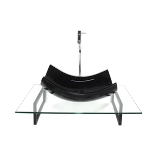 KIT CUBA DE VIDRO RETANGULAR CURVADA PRETA COM TAMPO 60CM INCOLOR E SUPORTE TORNEIRA VALVULA