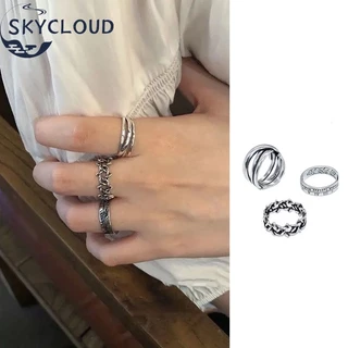 3pcs Linhas Cruzadas De Prata Vintage Twist Hollow Open Stacking Rings Set Para Homens Punk Elegante Finger Hoop Pub Street Fashion Jewelry Acessórios
