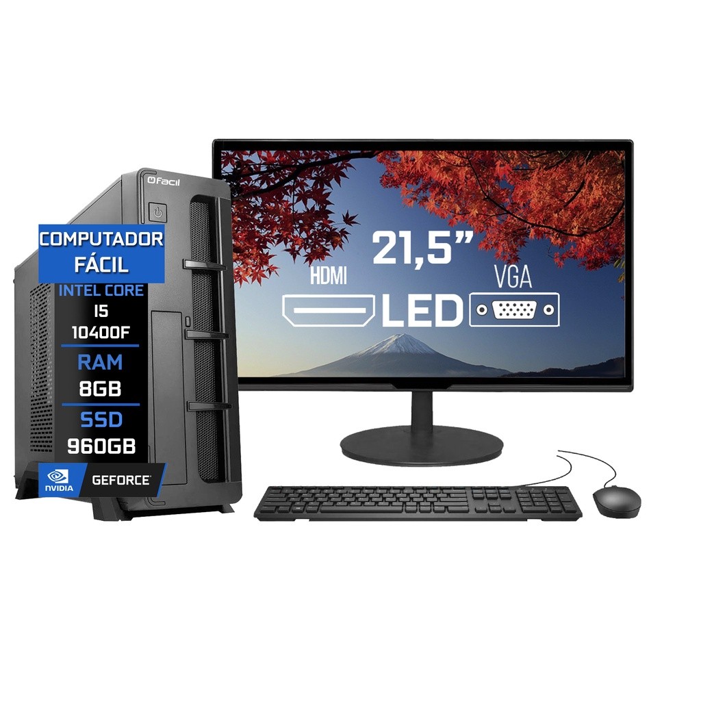 Computador Fácil Slim Completo Intel Core i5 10400f (Décima Geração) 8GB DDR4 SSD 960GB Monitor 21,5" HDMI LED