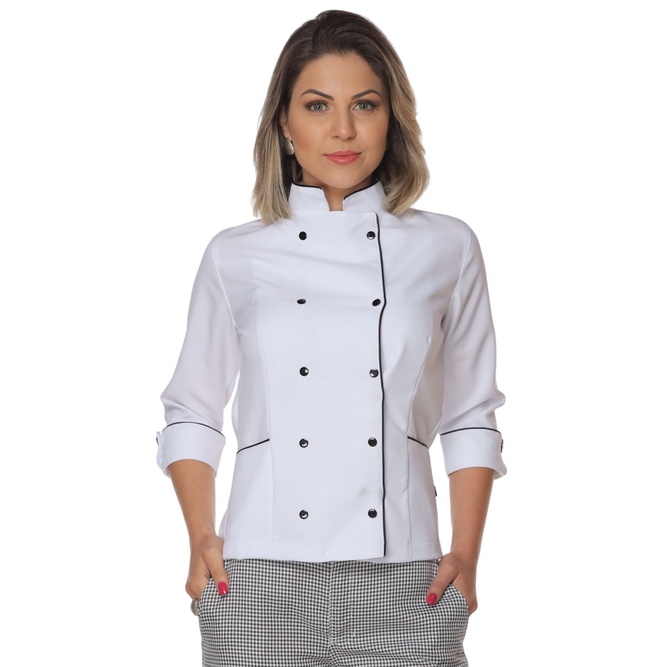 Dólmã chef feminina manga 3/4 com botões de pressão
