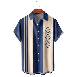 Summer New Short-sleeved 3D Camisa De Manga Curta Estampada Masculina Colarinho Moda Casual Às Riscas