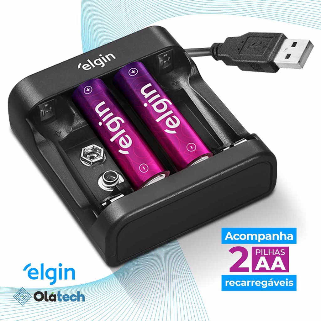 KIT Carregador USB Com 2 Pilhas AA Pequenas Elgin (Compatível Com Pilhas AA, AAA e Baterias 9V)