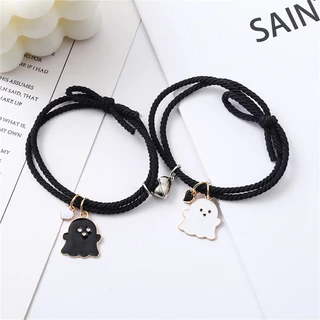 2Pcs Conjunto De Pulseiras De Casal Fantasma Preto E Branco Com Atração Magnética Presente Perfeito Para Namorado Encanto Do Coração Bolsa De Couro