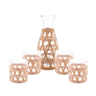 Conjunto Garrafa De Água Jarra De Suco + Jogo De 4 Copos Baixos Em Vidro 320ml Whisky Drink Com Detalhe Sisal