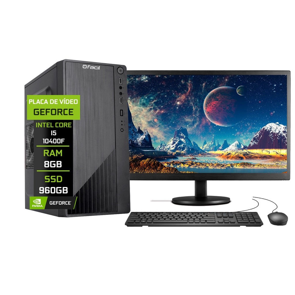 Computador Completo Fácil Intel Core i5 10400f (Décima Geração) 8GB DDR4 Geforce Nvidia 1GB SSD 960GB Monitor 19" HDMI