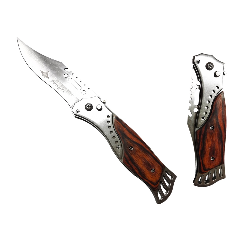 Canivete Automático Aço com Madeira Tático Afiado Retrátil Militar Led