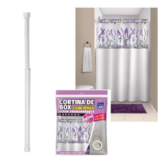 Kit Porta cortina Varão Banheiro 75 a 88Cm Com Cortina Box Linda 1,35 X 2,00 Com Ilhós Lavanda