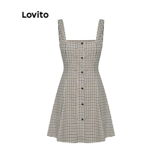 Lovito Vestido com Botões e Estampa de Plaid Preppy para Mulheres L56ED135 (Caqui)