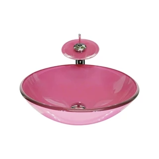 CUBA DE VIDRO REDONDA 31CM ROSA + VALVULA + TORNEIRA CASCATA