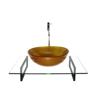 KIT CUBA DE VIDRO REDONDA DOURADO REAL COM TAMPO 60CM INCOLOR E SUPORTE TORNEIRA VALVULA