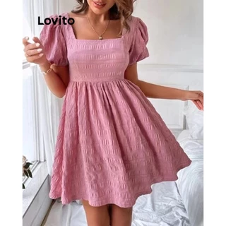 Lovito Casual Vestido Feminino Liso Esvoaçante de Manga Bufante com Babados LNE16044 (Rosa)