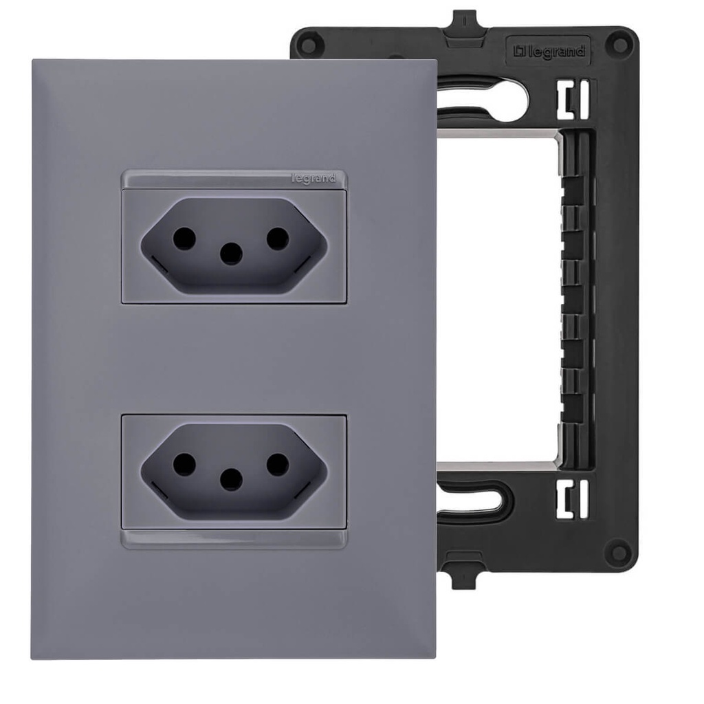 Conjunto Completo de Tomada Dupla 10A Placa e Suporte Cinza 4x2 Pial ...