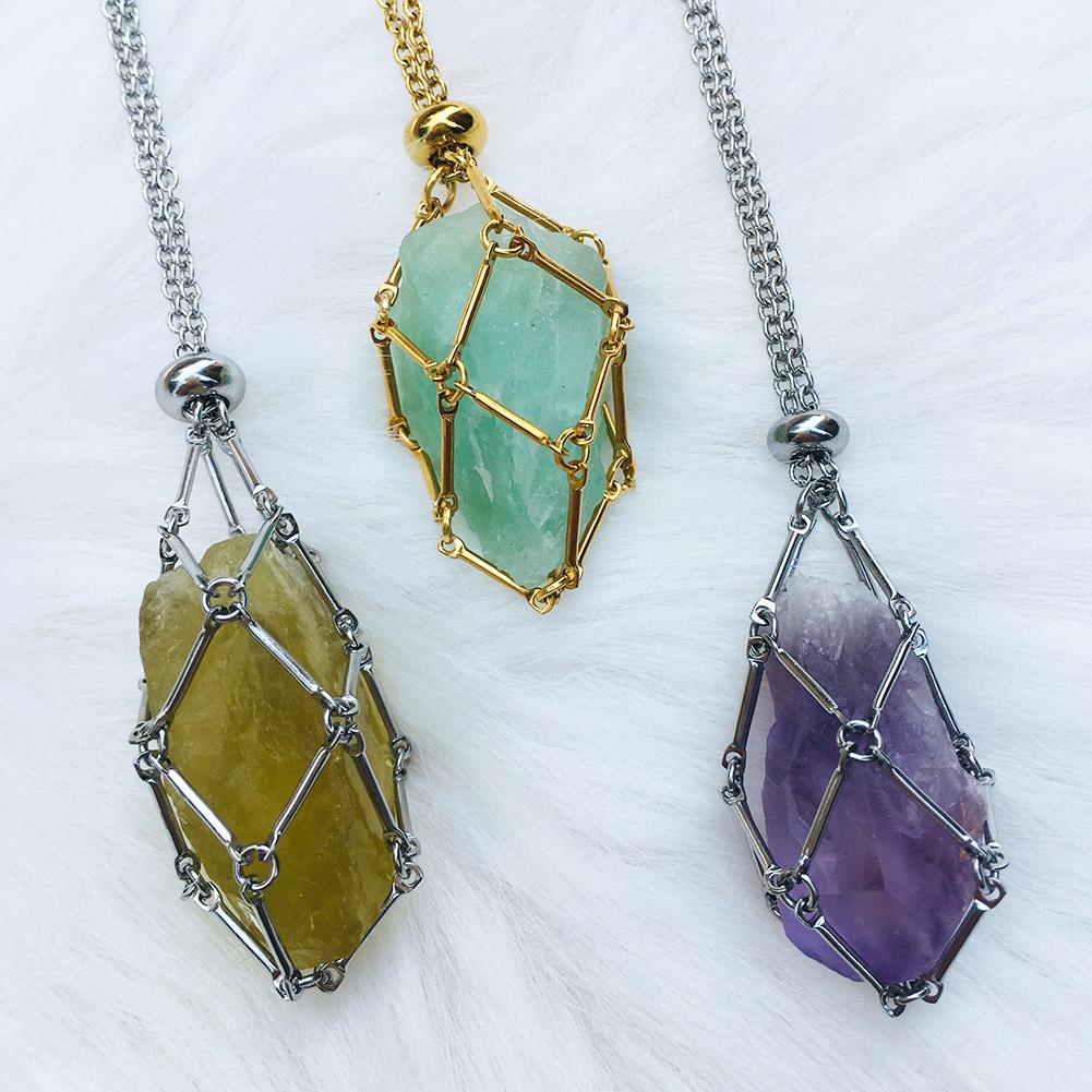 Colar De Bolso Em Rede De Cristal De Aço Inoxidável Metal Bambu Tecido Gaiola De Pingente