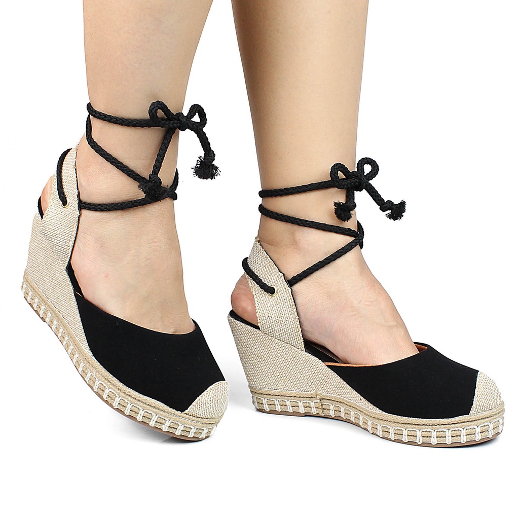 Sandália Feminina Anabela Espadrille Plataforma de Amarrar