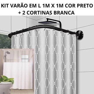 Kit Varao Suporte de Cortina em L 1M X 1M - Preto + 2 Cortinas Branca com Visor Transparente