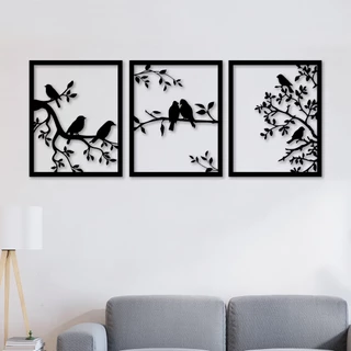 Conjunto 3 Quadros Vazados em MDF 6mm Pássaros 35x84