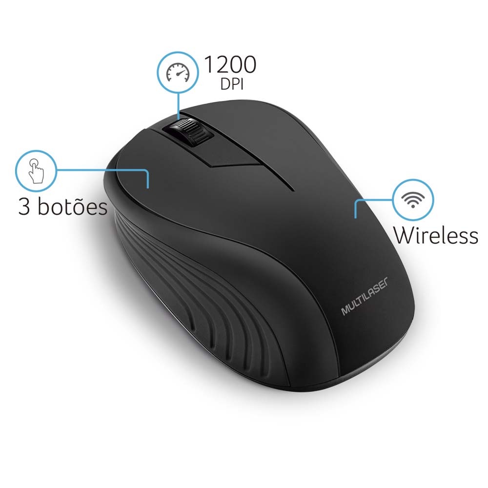 Mouse Sem Fio 2.4 Ghz 1200 Dpi 3 Botões Preto Usb Multilaser - MO212